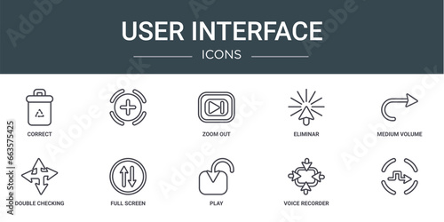 set of 10 outline web user interface icons such as correct, , zoom out, eliminar, medium volume, double checking, full screen vector icons for report, presentation, diagram, web design, mobile app