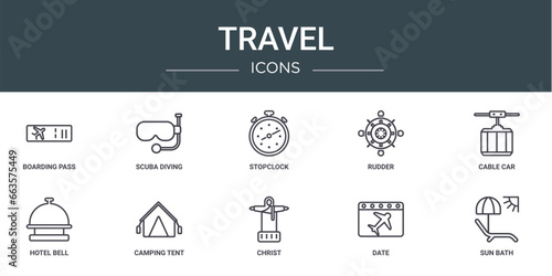 set of 10 outline web travel icons such as boarding pass, scuba diving, stopclock, rudder, cable car, hotel bell, camping tent vector icons for report, presentation, diagram, web design, mobile app