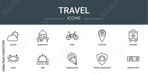 set of 10 outline web travel icons such as cloudy, bungalow, bike, station, packing, crab, sun vector icons for report, presentation, diagram, web design, mobile app