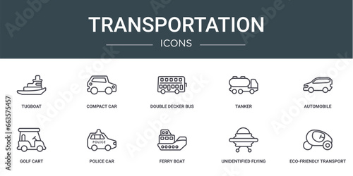 set of 10 outline web transportation icons such as tugboat, compact car, double decker bus, tanker, automobile, golf cart, police car vector icons for report, presentation, diagram, web design,