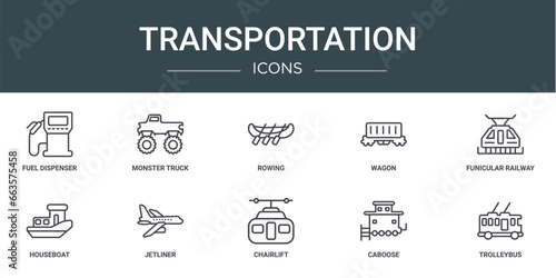 set of 10 outline web transportation icons such as fuel dispenser, monster truck, rowing, wagon, funicular railway, houseboat, jetliner vector icons for report, presentation, diagram, web design,