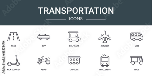 set of 10 outline web transportation icons such as road, suv, golf cart, jetliner, van, kick scooter, quad vector icons for report, presentation, diagram, web design, mobile app