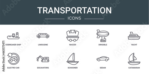 set of 10 outline web transportation icons such as icebreaker ship, limousine, wagon, dirigible, yacht, electro car, excavators vector icons for report, presentation, diagram, web design, mobile app