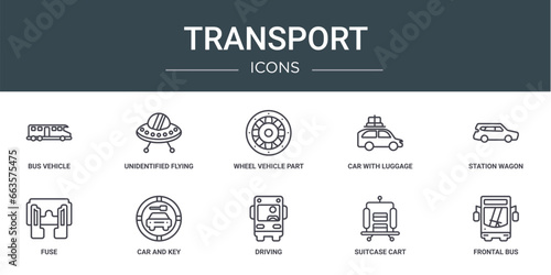 set of 10 outline web transport icons such as bus vehicle, unidentified flying, wheel vehicle part, car with luggage, station wagon, fuse, car and key vector icons for report, presentation, diagram,