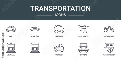 set of 10 outline web transportation icons such as car, sport car, litter car, crop duster, motorcycle, light rail, vector icons for report, presentation, diagram, web design, mobile app