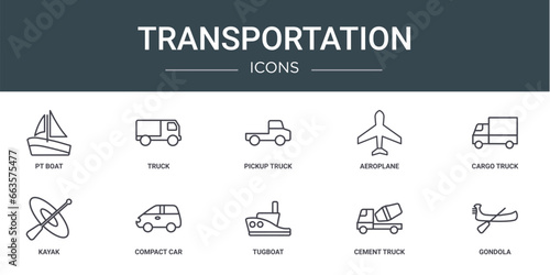 set of 10 outline web transportation icons such as pt boat, truck, pickup truck, aeroplane, cargo truck, kayak, compact car vector icons for report, presentation, diagram, web design, mobile app