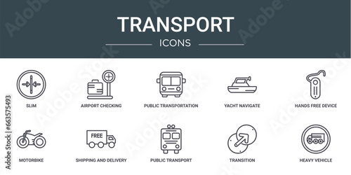 set of 10 outline web transport icons such as slim, airport checking, public transportation, yacht navigate, hands free device, motorbike, shipping and delivery vector icons for report,