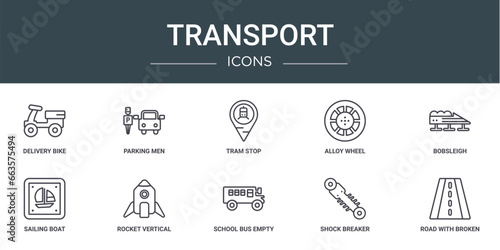 set of 10 outline web transport icons such as delivery bike, parking men, tram stop, alloy wheel, bobsleigh, sailing boat, rocket vertical position vector icons for report, presentation, diagram,