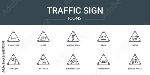 set of 10 outline web traffic sign icons such as t junction, slope, winding road, tram, cattle, turn left, way road vector icons for report, presentation, diagram, web design, mobile app