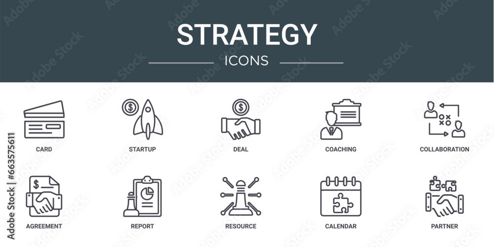 set of 10 outline web strategy icons such as card, startup, deal, coaching, collaboration, agreement, report vector icons for report, presentation, diagram, web design, mobile app