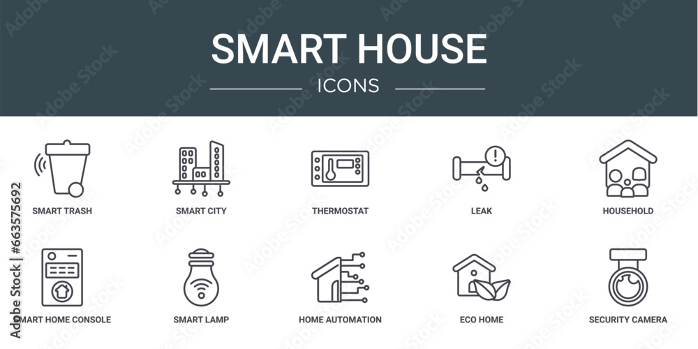 set of 10 outline web smart house icons such as smart trash, smart city, thermostat, leak, household, home console, lamp vector icons for report, presentation, diagram, web design, mobile app