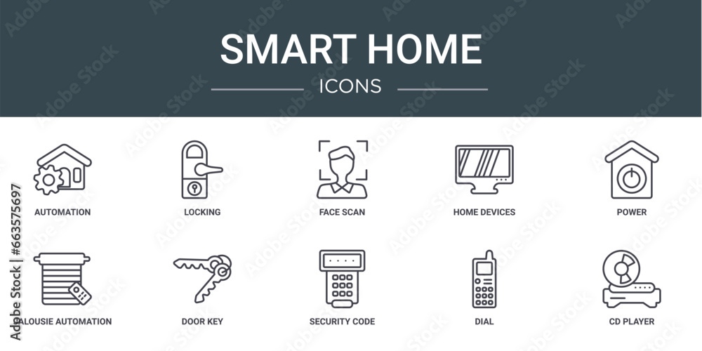 set of 10 outline web smart home icons such as automation, locking, face scan, home devices, power, jalousie automation, door key vector icons for report, presentation, diagram, web design, mobile