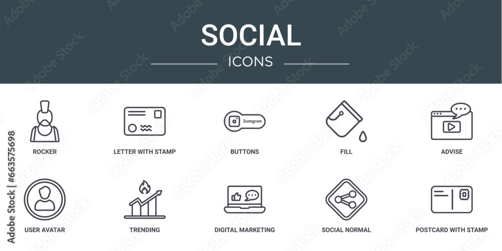 set of 10 outline web social icons such as rocker, letter with stamp, buttons, fill, advise, user avatar, trending vector icons for report, presentation, diagram, web design, mobile app