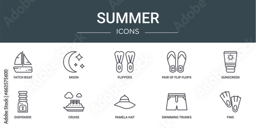 set of 10 outline web summer icons such as yatch boat, moon, flippers, pair of flip flops, sunscreen, dispenser, cruise vector icons for report, presentation, diagram, web design, mobile app