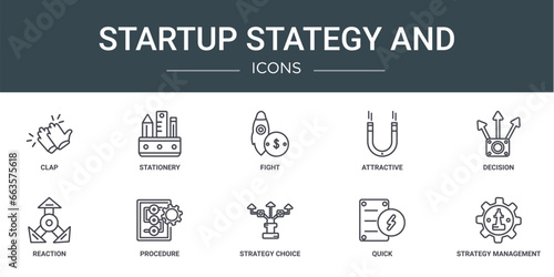 set of 10 outline web startup stategy and icons such as clap, stationery, fight, attractive, decision, reaction, procedure vector icons for report, presentation, diagram, web design, mobile app