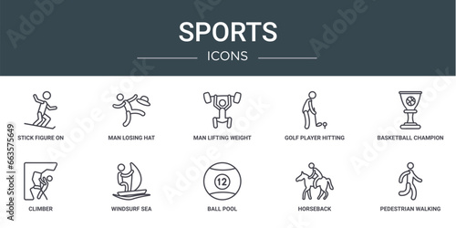 set of 10 outline web sports icons such as stick figure on snowboard, man losing hat, man lifting weight, golf player hitting, basketball champion, climber, windsurf sea vector icons for report,
