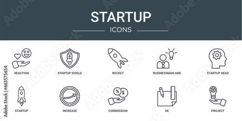 set of 10 outline web startup icons such as reaction, startup shield, rocket, businessman and strategy, startup head, increase vector icons for report, presentation, diagram, web design, mobile app