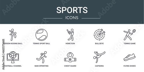 set of 10 outline web sports icons such as person kicking ball with the knee, tennis sport ball, home run, bullseye, tennis game, football channel, man sprinting vector icons for report,