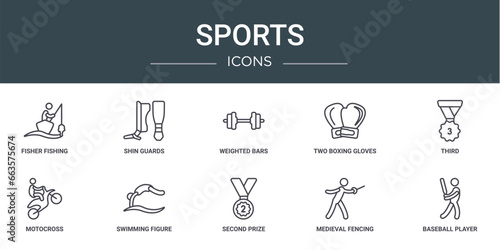 set of 10 outline web sports icons such as fisher fishing, shin guards, weighted bars, two boxing gloves, third, motocross, swimming figure vector icons for report, presentation, diagram, web