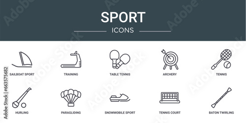 set of 10 outline web sport icons such as sailboat sport, training, table tennis, archery, tennis, hurling, paragliding vector icons for report, presentation, diagram, web design, mobile app