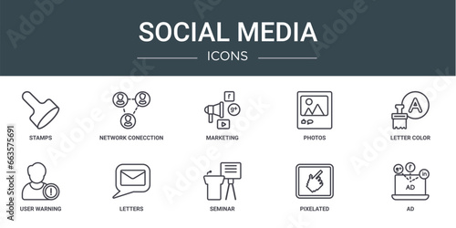 set of 10 outline web social media icons such as stamps, network conecction, marketing, photos, letter color, user warning, letters vector icons for report, presentation, diagram, web design, mobile photo