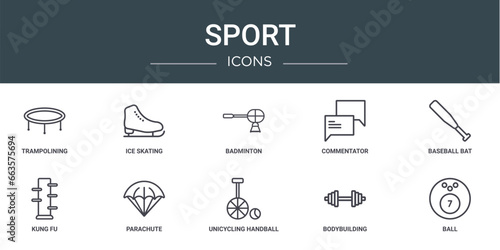 set of 10 outline web sport icons such as trampolining, ice skating, badminton, commentator, baseball bat, kung fu, parachute vector icons for report, presentation, diagram, web design, mobile app