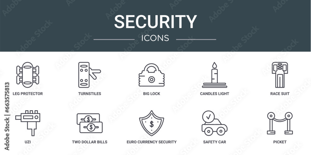 set of 10 outline web security icons such as leg protector, turnstiles, big lock, candles light, race suit, uzi, two dollar bills vector icons for report, presentation, diagram, web design, mobile
