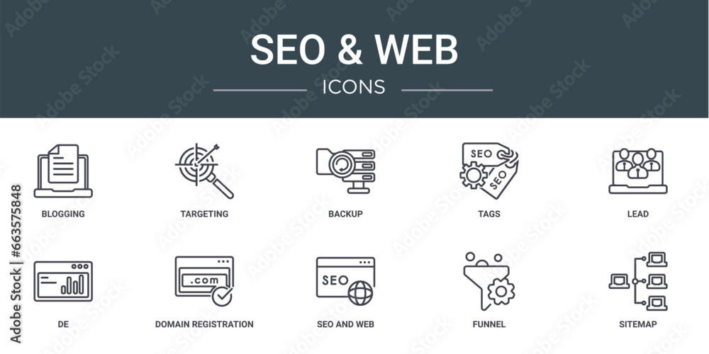 set of 10 outline web seo & web icons such as blogging, targeting, backup, tags, lead, de, domain registration vector icons for report, presentation, diagram, web design, mobile app