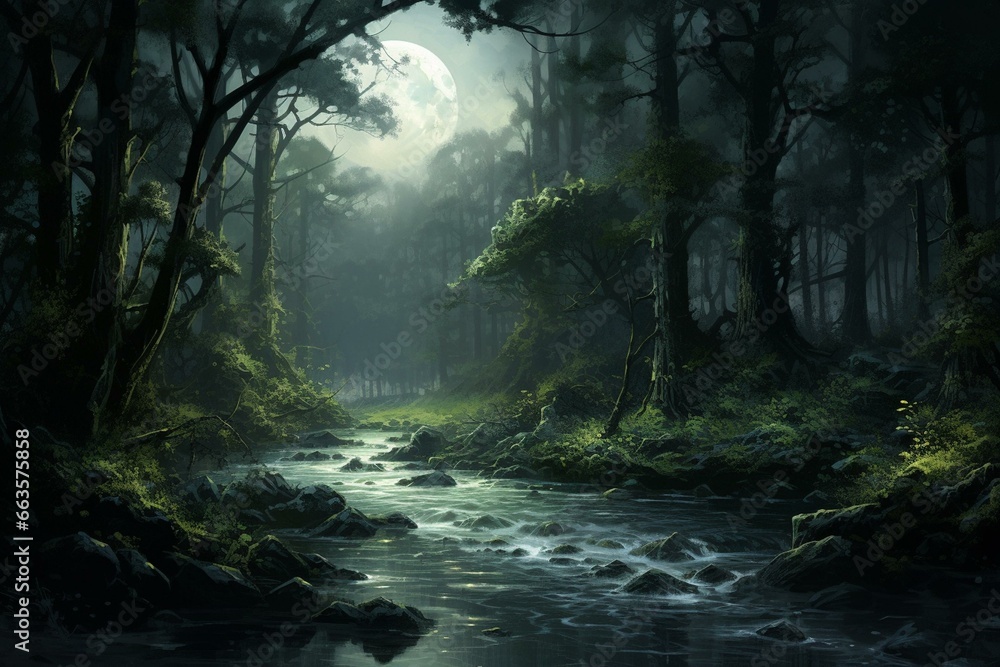 Nighttime river flowing through a dense green forest with ancient plants, mists, and moonlight, casting an eerie and dark ambiance. Generative AI