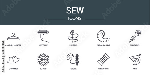 set of 10 outline web sew icons such as clothes hanger, hot glue, pin sew, french curve, threader, grommet, rotary vector icons for report, presentation, diagram, web design, mobile app