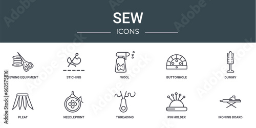 set of 10 outline web sew icons such as sewing equipment, stiching, wool, buttonhole, dummy, pleat, needlepoint vector icons for report, presentation, diagram, web design, mobile app