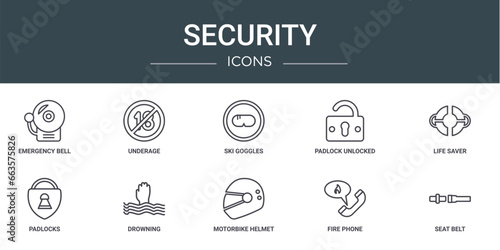 set of 10 outline web security icons such as emergency bell, underage, ski goggles, padlock unlocked, life saver, padlocks, drowning vector icons for report, presentation, diagram, web design,