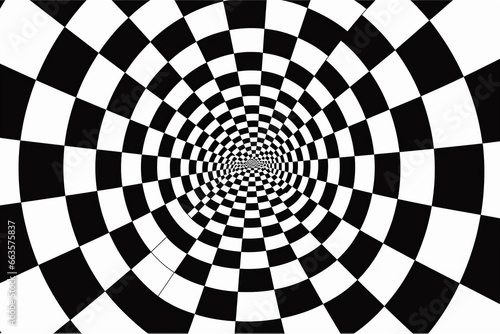 Optical illusion  distorted checkered print black and white background