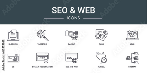 set of 10 outline web seo & web icons such as blogging, targeting, backup, tags, lead, de, domain registration vector icons for report, presentation, diagram, web design, mobile app