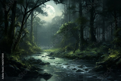 Nighttime river flowing through a dense green forest with ancient plants  mists  and moonlight  casting an eerie and dark ambiance. Generative AI