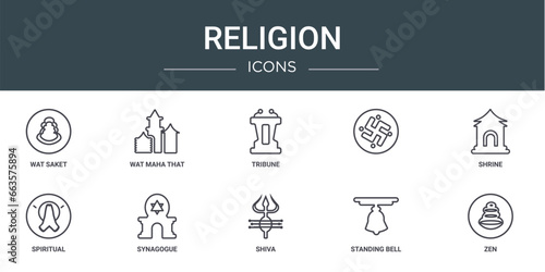 set of 10 outline web religion icons such as wat saket, wat maha that, tribune, , shrine, spiritual, synagogue vector icons for report, presentation, diagram, web design, mobile app