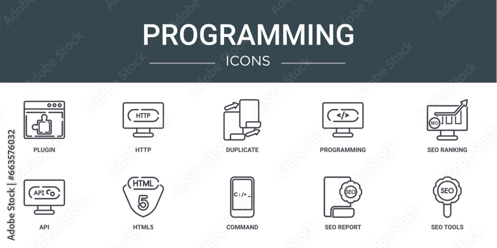 set of 10 outline web programming icons such as plugin, http, duplicate, programming, seo ranking, api, html5 vector icons for report, presentation, diagram, web design, mobile app
