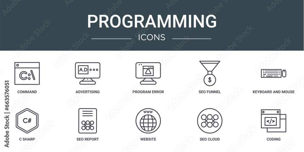 set of 10 outline web programming icons such as command, advertising, program error, seo funnel, keyboard and mouse, c sharp, seo report vector icons for report, presentation, diagram, web design,
