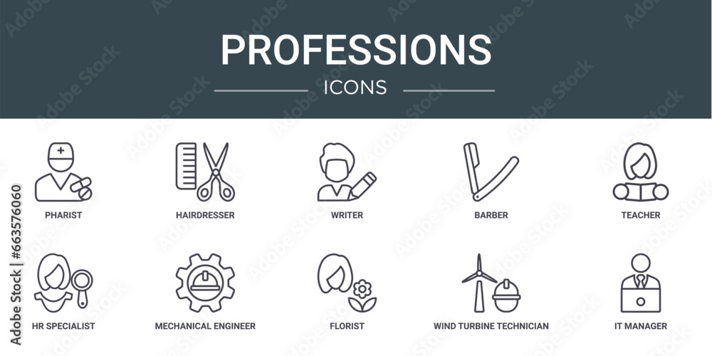 set of 10 outline web professions icons such as pharist, hairdresser, writer, barber, teacher, hr specialist, mechanical engineer vector icons for report, presentation, diagram, web design, mobile
