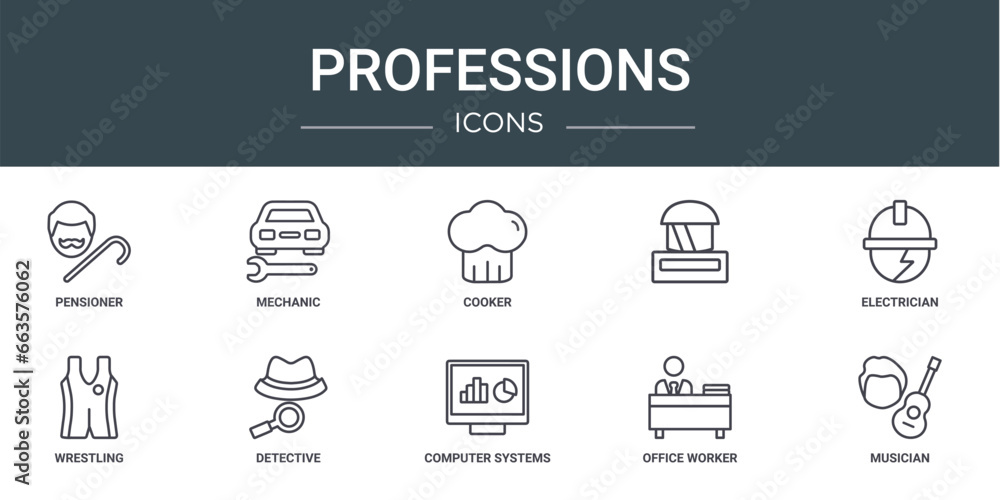 set of 10 outline web professions icons such as pensioner, mechanic, cooker, , electrician, wrestling, detective vector icons for report, presentation, diagram, web design, mobile app