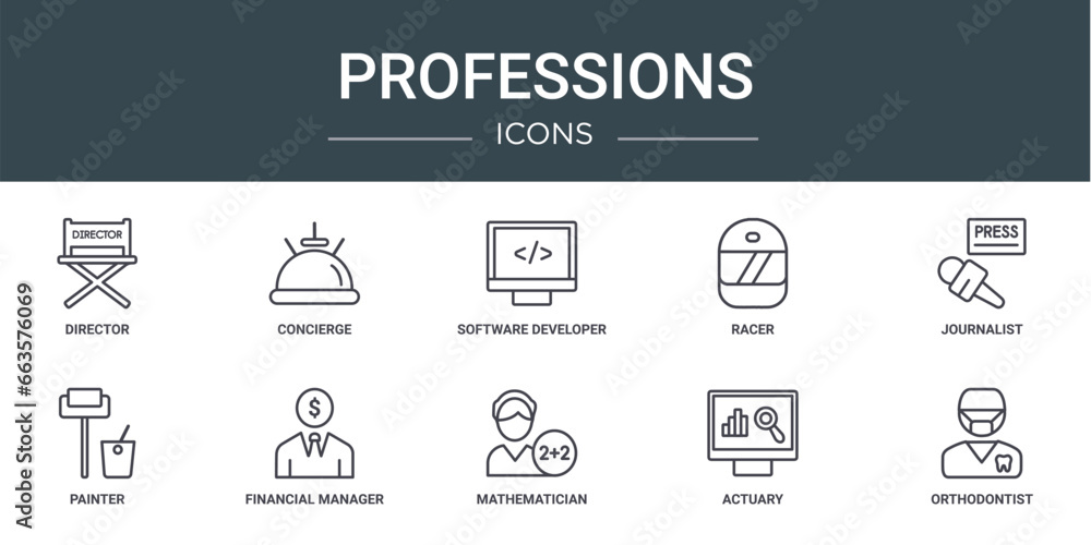 set of 10 outline web professions icons such as director, concierge, software developer, racer, journalist, painter, financial manager vector icons for report, presentation, diagram, web design,