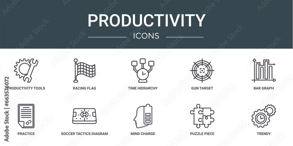 set of 10 outline web productivity icons such as productivity tools, racing flag, time hierarchy, gun target, bar graph, practice, soccer tactics diagram vector icons for report, presentation,
