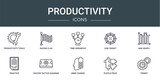 set of 10 outline web productivity icons such as productivity tools, racing flag, time hierarchy, gun target, bar graph, practice, soccer tactics diagram vector icons for report, presentation,