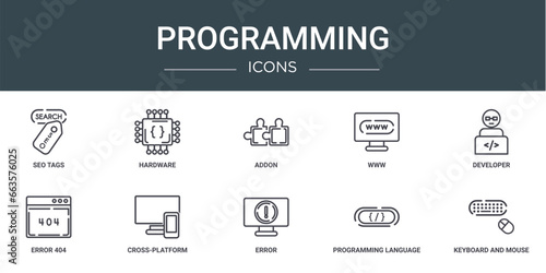 set of 10 outline web programming icons such as seo tags, hardware, addon, www, developer, error 404, cross-platform vector icons for report, presentation, diagram, web design, mobile app