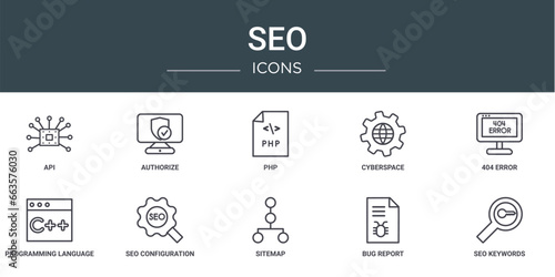 set of 10 outline web seo icons such as api, authorize, php, cyberspace, 404 error, programming language, seo configuration vector icons for report, presentation, diagram, web design, mobile app