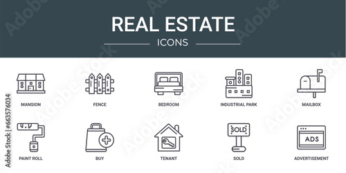 set of 10 outline web real estate icons such as mansion, fence, bedroom, industrial park, mailbox, paint roll, buy vector icons for report, presentation, diagram, web design, mobile app