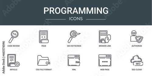set of 10 outline web programming icons such as code review, page, seo keywords, broken link, authorize, article, css file format vector icons for report, presentation, diagram, web design, mobile