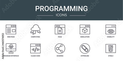 set of 10 outline web programming icons such as web page, computing, page, simulation, visibility, program interface, clean code vector icons for report, presentation, diagram, web design, mobile