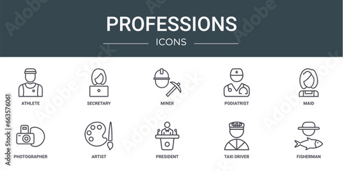 set of 10 outline web professions icons such as athlete, secretary, miner, podiatrist, maid, photographer, artist vector icons for report, presentation, diagram, web design, mobile app