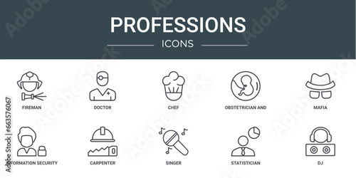 set of 10 outline web professions icons such as fireman, doctor, chef, obstetrician and gynecologist, mafia, information security analyst, carpenter vector icons for report, presentation, diagram,